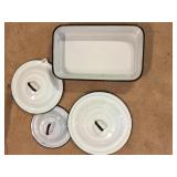 3 ENAMEL WARE LIDS AND RECTANGULAR BAKING PAN