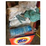 BOX OF TOWELS, MORE THAN 1/2 FULL TIDE AND CLOROX