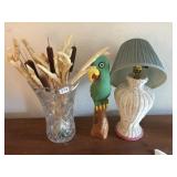 12" CUT GLASS VASE, JAMAICAN WOOD PARROT, WICKER