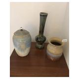 POTTERY CROCK WITH LID SIGNED ON BOTTOM, 12" VASE