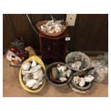 BIRD HOUSE, ASSORTED BOWLS FILLED WITH SHELLS,