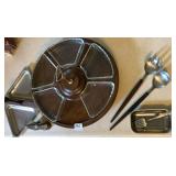 WALNUT LAZY SUSAN, MISSING ONE GLASS PIECE, TEAK