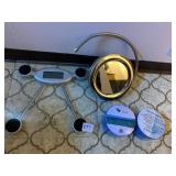 GLASS DIGITAL BATHROOM SCALE, GOOSE NECK MIRROR,