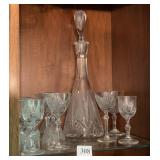 CUT GLASS DECANTER WITH 12 CORDIALS, 5 OF ONE