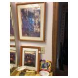 2 FRAMED PICTURES, GLASS ART FRAMED MIRROR AND