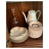 PINK GLASS DECANTER, MILK GLASS SAUCERS, FLORAL