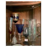 BOHEMIAN GLASS JEWELED 14" BLUE GOBLET, ETCHED