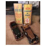2 WOODEN CAR MODELS AND 2 SIGNS