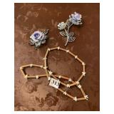 CRYSTAL AND PORCELAIN ROSES AND WOOD/SHELL