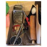 WOOD ROLLING PIN, CAST IRON DOUGH CUTTER, JAR