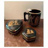 24K GOLD TRIM, MADE IN GREECE MUG AND 2 COVERED