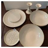 LENOX SERVING PIECES AND PAIR LENOX CANDLE STICKS