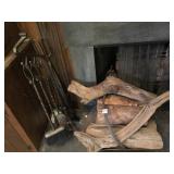 FIREWOOD IN HOLDER, DRIFTWOOD AND FIREPLACE TOOLS