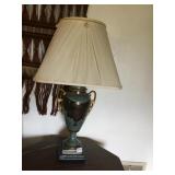 GREECIAN URN SHAPED LAMP, TEAL WITH GOLD AND
