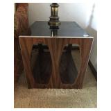 SMOKE GLASS SIDE TABLE WITH SILVER TRIM AND WOOD