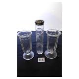 CRYSTAL GLASS BOTTLE WITH SILVER TOP, TWO SMALL