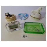 TWO TRINKET BOXES UNICORN AND SHOE, GREEN GLASS