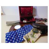 SMALL WOOD TRAY, MIRRORED CANDLE STAND, RED