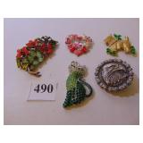 GROUP OF FIVE PINS SCOTTIE DOG GREEN RHINESTONE