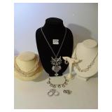 OWL NECKLACE, WHITE BEAD NECKLACE, FROSTED