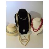 WHITE BEAD NECKLACE, BLUE BEAD NECKLACE, PINK W/