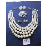 FOUR STRAND PEARL NECKLACE, PEARL EARRINGS, LARGE