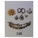 GOLD TONE PIN, HOOP EARRINGS, RHINESTONE PENDANT