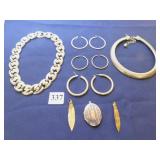 TWO GOLD TONE CHOKER NECKLACES, THREE PAIR OF