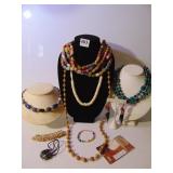 HAND PAINTED WOOD BEAD NECKLACE, ETC.