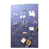 GROUP OF EARRINGS AND PINS, CUFF LINKS, WATCH