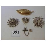 RHINESTONE PINS, GOLD TONE LEAF PIN, 1959