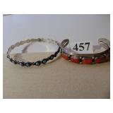 TWO SILVER TONE BRACELETS BANGLE WITH BLUE STONES
