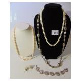 STRAND OF PEARLS, SILVER TONE AND RHINESTONE