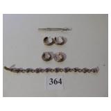 TWO SETS EARRINGS, PIN, BRACELET STERLING