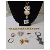 GOLD TONE CHAIN NECKLACE WITH OWL PENDANT, MONET