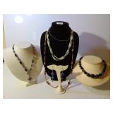 BEADED NECKLACES SILVERTONE W/ BLACK STONES