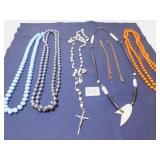 GROUP OF BEADED NECKLACES BLUE ORANGE BLACK AND