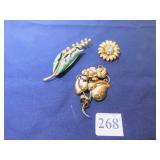 THREE PINS GOLD TONE FLOWER WITH RHINESTONE