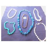 GROUP OF SIX BEADED NECKLACES WHITE BLUE GREEN
