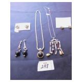TWO PENDANT NECKLACES, THREE PAIR OF EARRINGS