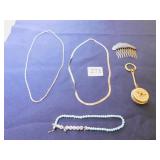 TWO 925 STERLING NECKLACES, ENAMELED HAIR COMB,