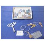 BOX OF OLD COINS PENNIES DIMES, KEYS ETC.