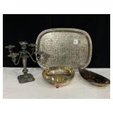 SILVER PLATE 5 CANDLE CANDELABRA, SERVING BOWL,
