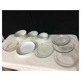 4 PYREX PIE PLATES, TART PAN, 3 PC NESTING BOWLS