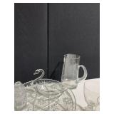 ETCHED PEDESTAL CANDY DISH, SWAN, WHEAT DESIGN