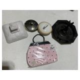 PURSE NOTEBOOK BIRD ASHTRAY LIDS, TABLECLOTH,