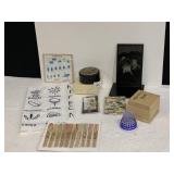 ETCHED MARBLE PLAQUE, ADDRESS BOOK, JEWELRY BOX,