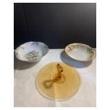 AMBER CAKE PLATE, 2 HAND PAINTED BOWLS