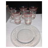 SIX VINTAGE RED RIMMED GLASSES FIVE PHOTOGRAPHS