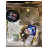 PAINTED TRAY, WOOD PLATES, GLASSES, ETC.